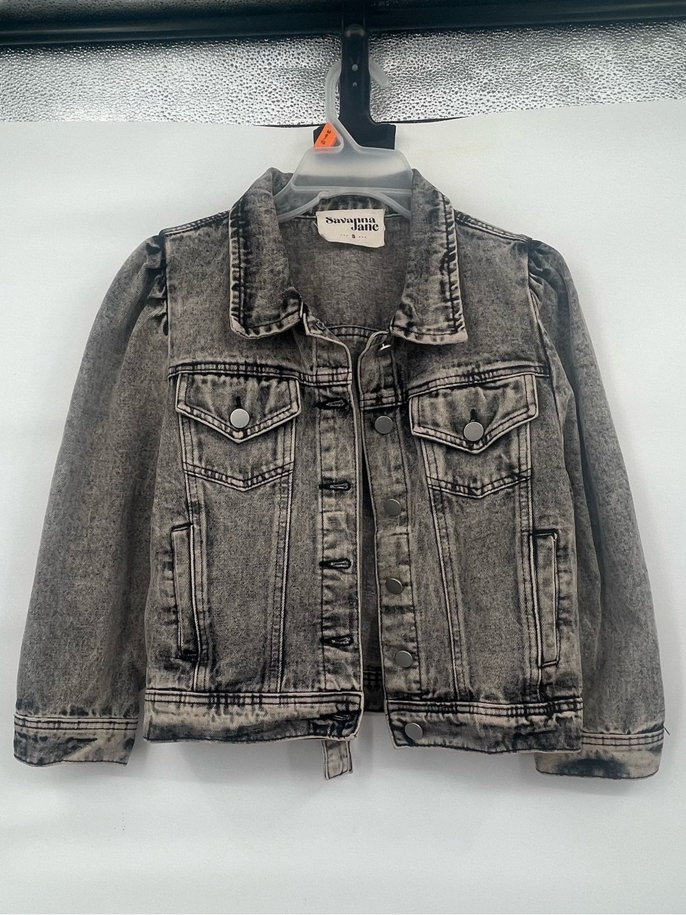 Savanna Jane black gray acid wash puff shoulder denim jacket